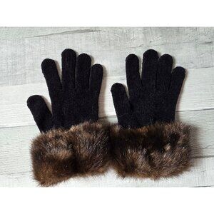 Black Winter Knit Gloves With Faux Fur Trim For Women
